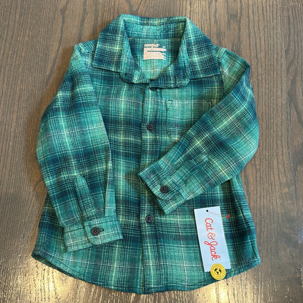 NWT Cat & Jack Toddler Boys Green Plaid Flannel Button-Up Shirt 3T